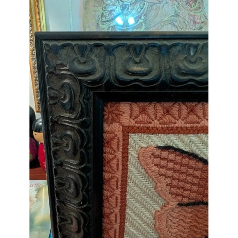 Vintage Handmade Needlepoint Butterfly Framed Art Ornate Black Wood Frame Boho